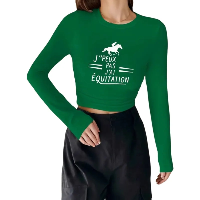 Crop Top Équestre Femme – "J'peux Pas, J'ai Équitation"
