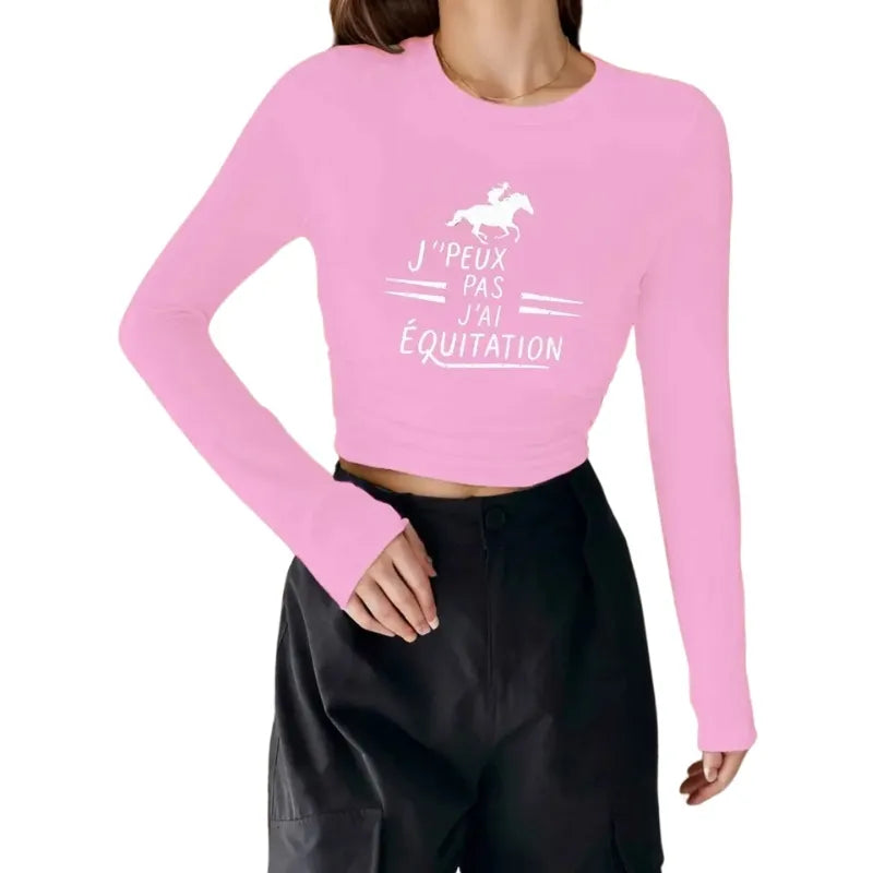 Crop Top Équestre Femme Rose – "J'peux Pas, J'ai Équitation"